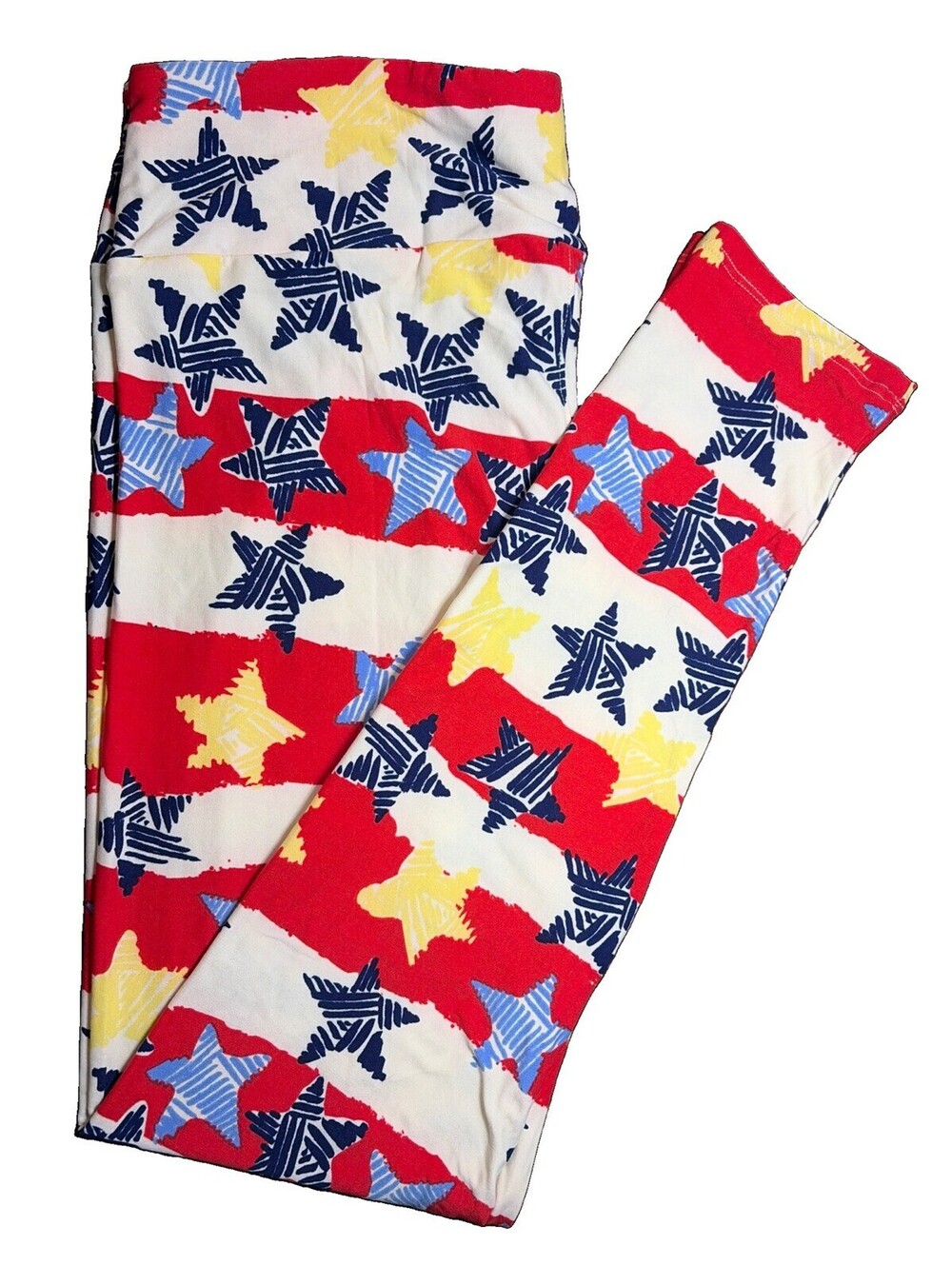 New LuLaRoe TC Patriotic Red Striped Leggings With Blue & Yellow Stars Sz 12-18